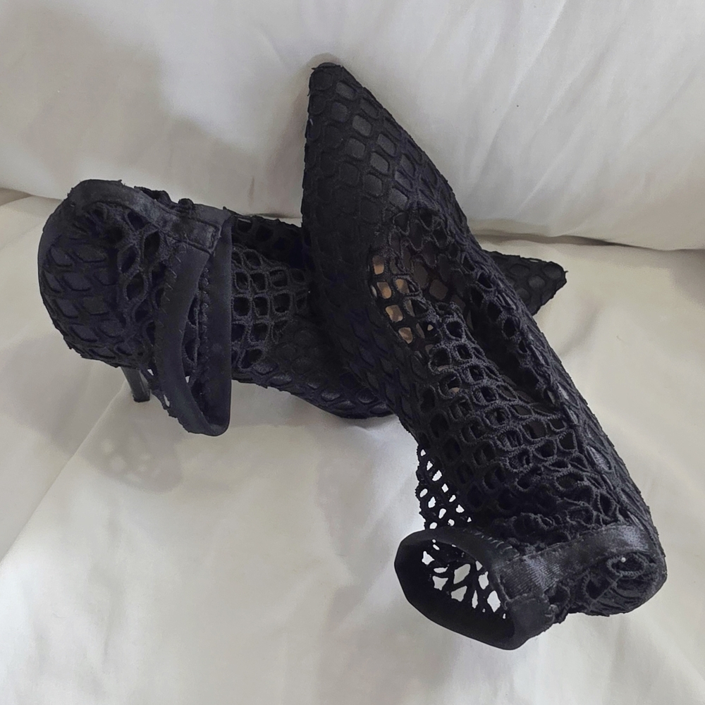 Zara One Of A Kind Black Mesh Pointed-Toe Ankle-Strap Heels